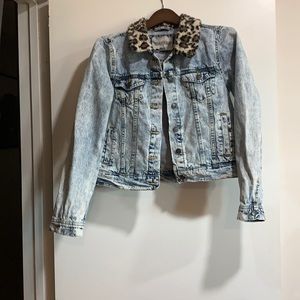 🌻Girls Jean Jacket Leopard print faux Sherpa Collar
